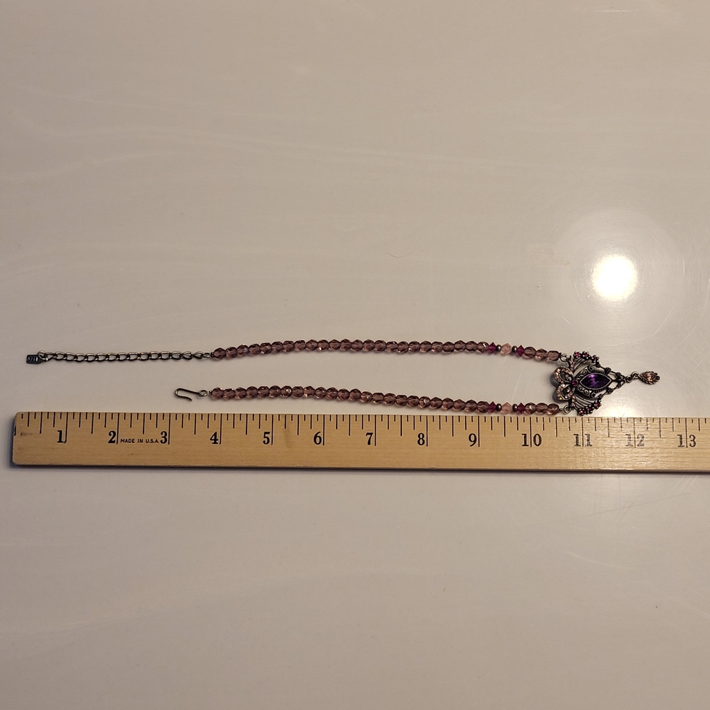 1928 Purple & Pink Crystals Ornate Pendant Sparkling Glass Beaded Necklace - Picture 6 of 16